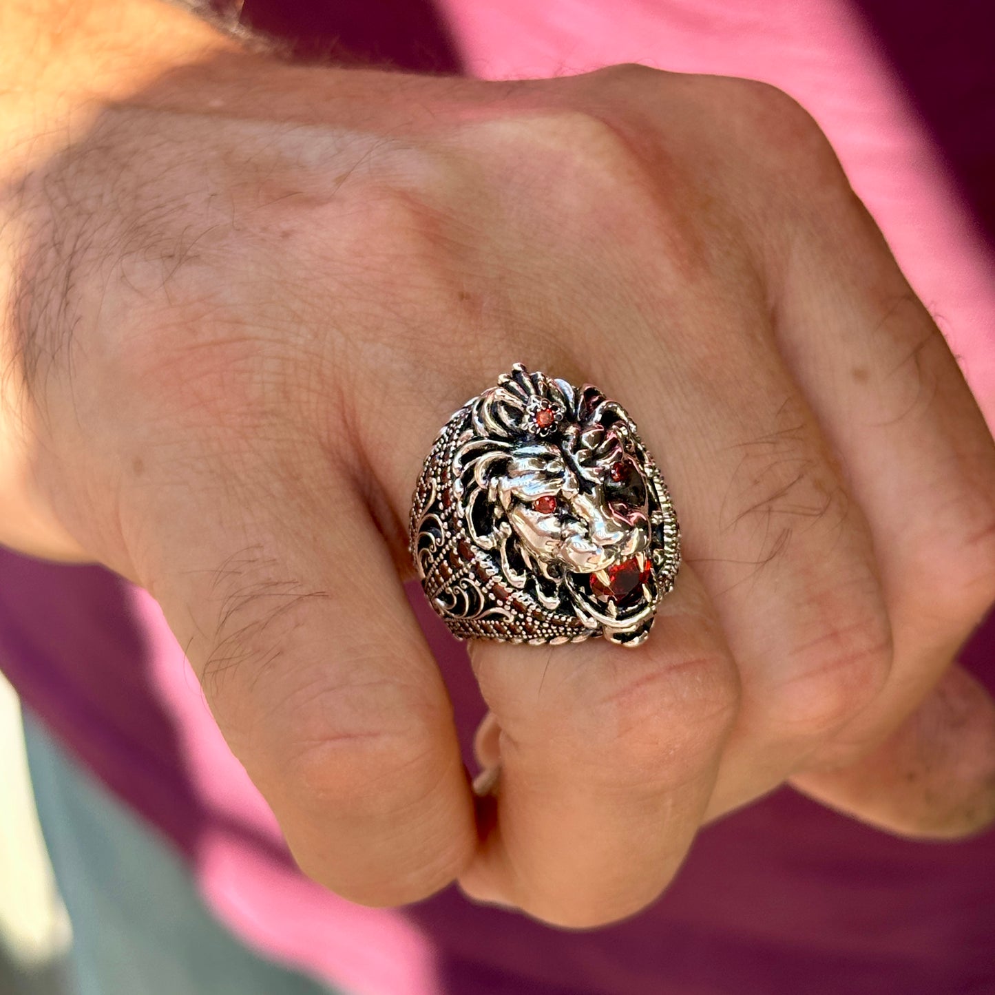 Silver Ruby Gemstone Wild Leon Head Ring