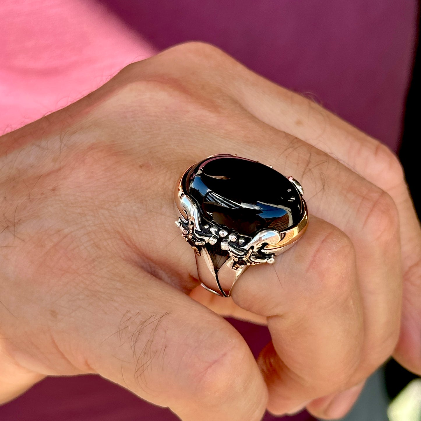 Men Silver Sword Model Natural Onyx Gemstone Ring