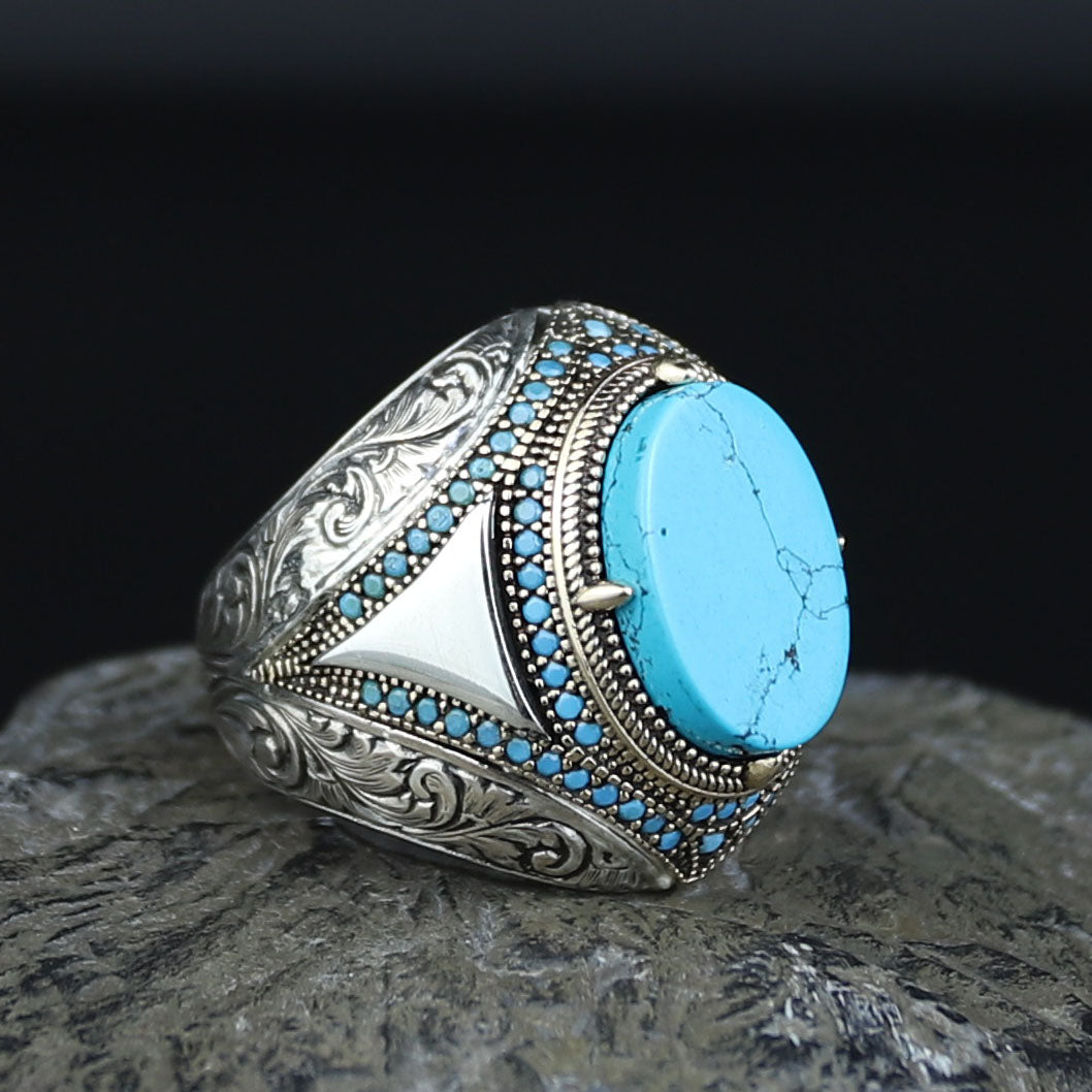 925 Sterling Silver Turquoise Ring, Men Turquoise Ring, Handcrafted Ottoman Men Ring, Vintage Men Handmade Ring