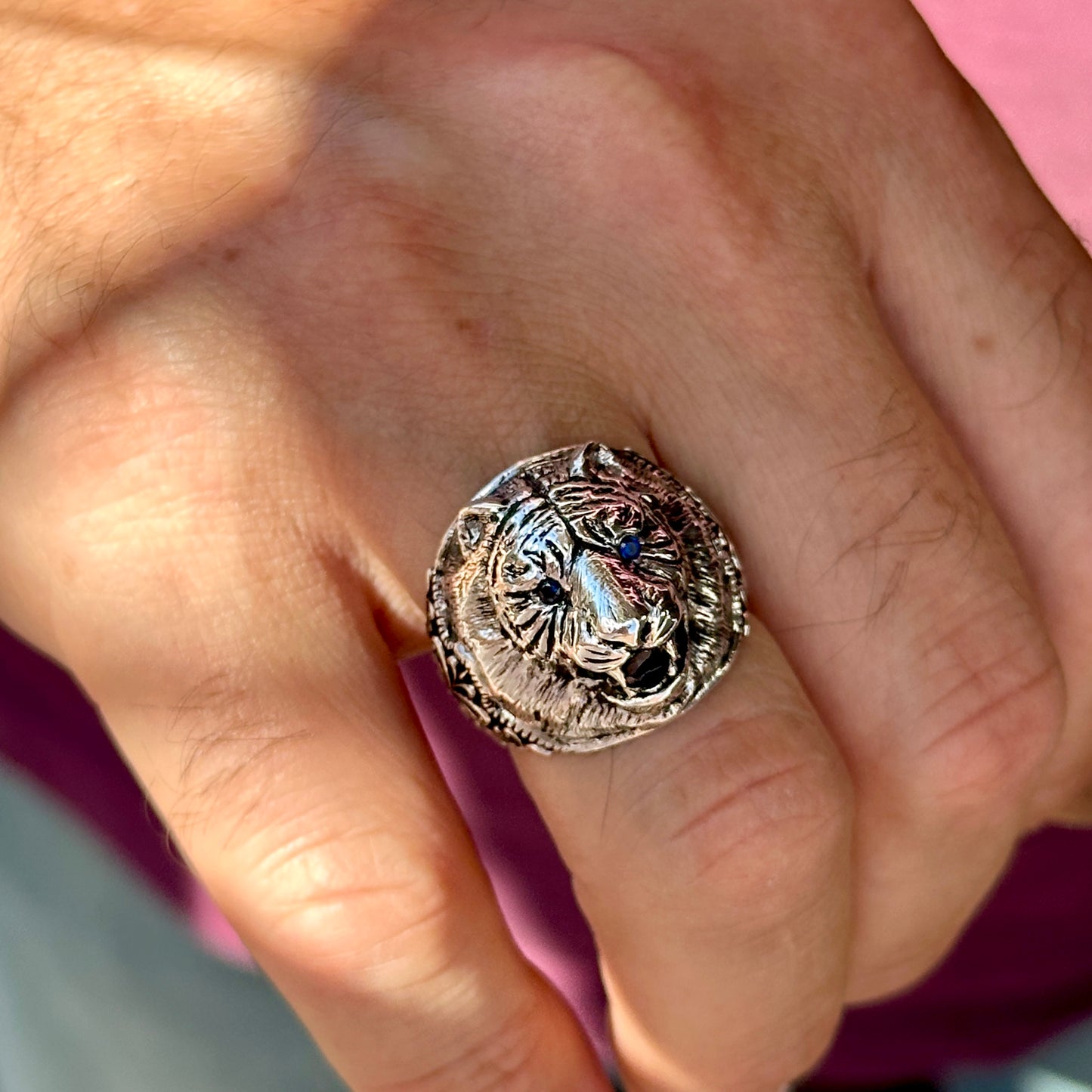 Men Silver Sapphire Stone Tiger Head Ring