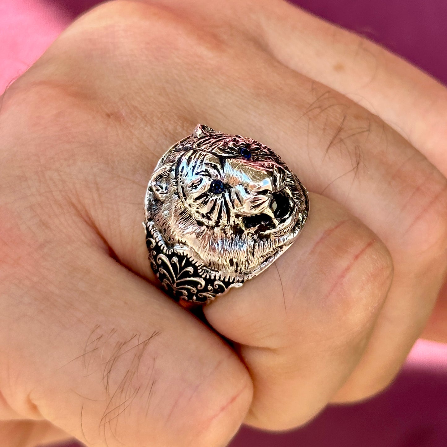 Men Silver Sapphire Stone Tiger Head Ring