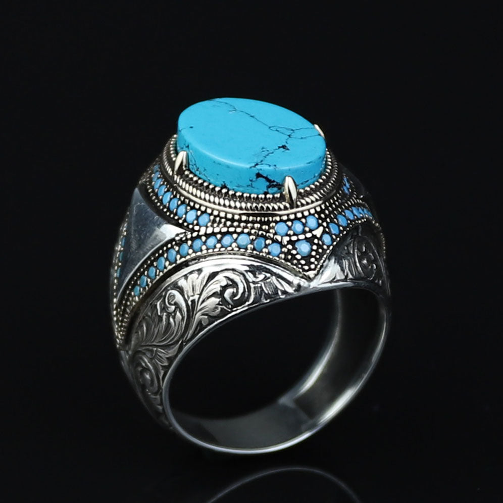 925 Sterling Silver Turquoise Ring, Men Turquoise Ring, Handcrafted Ottoman Men Ring, Vintage Men Handmade Ring