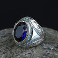 925 Sterling Silver Blue Sapphire Gemstone Men Ring, Turkish Handmade Engraved Men Sapphire Ring, 925K Sterling Silver