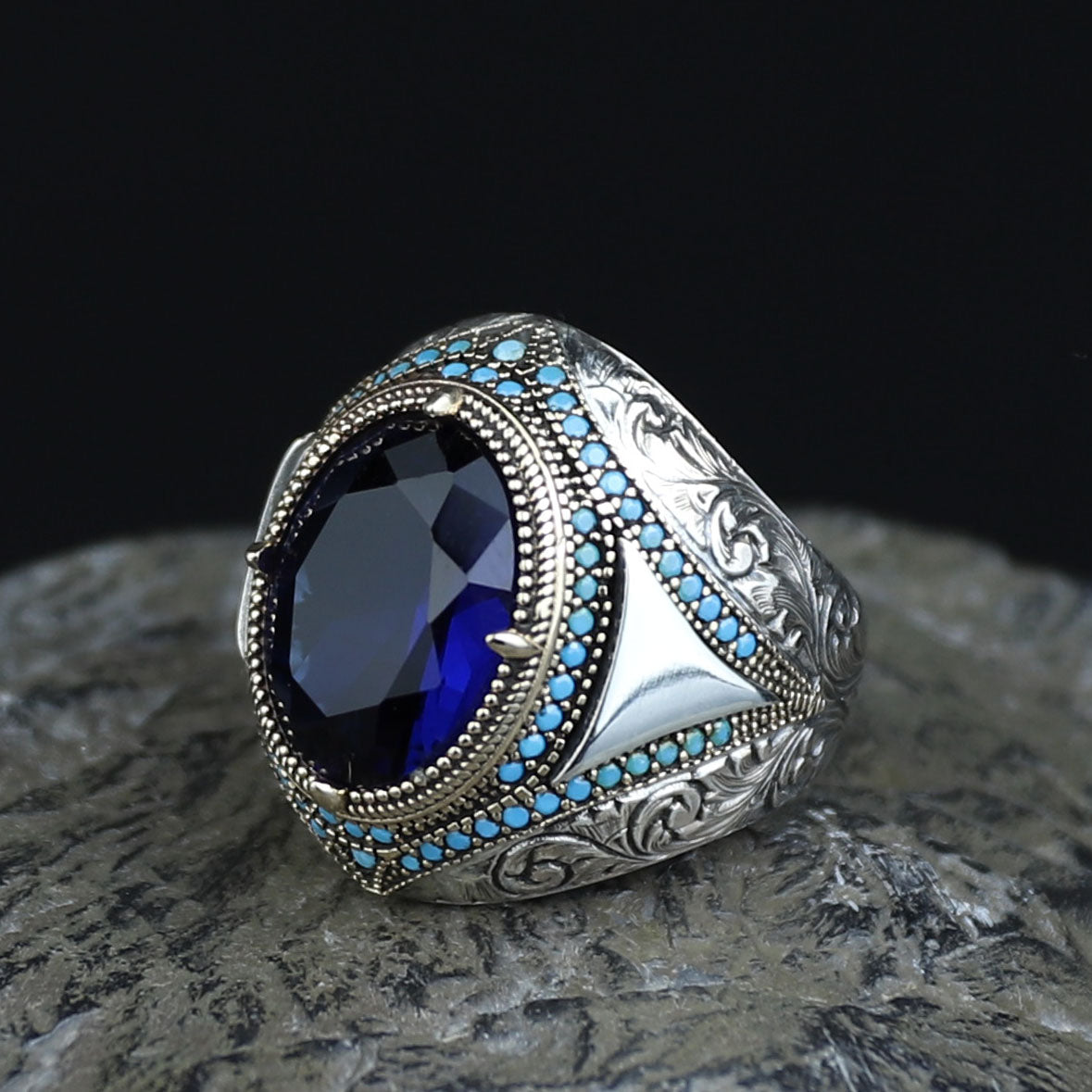 925 Sterling Silver Blue Sapphire Gemstone Men Ring, Turkish Handmade Engraved Men Sapphire Ring, 925K Sterling Silver