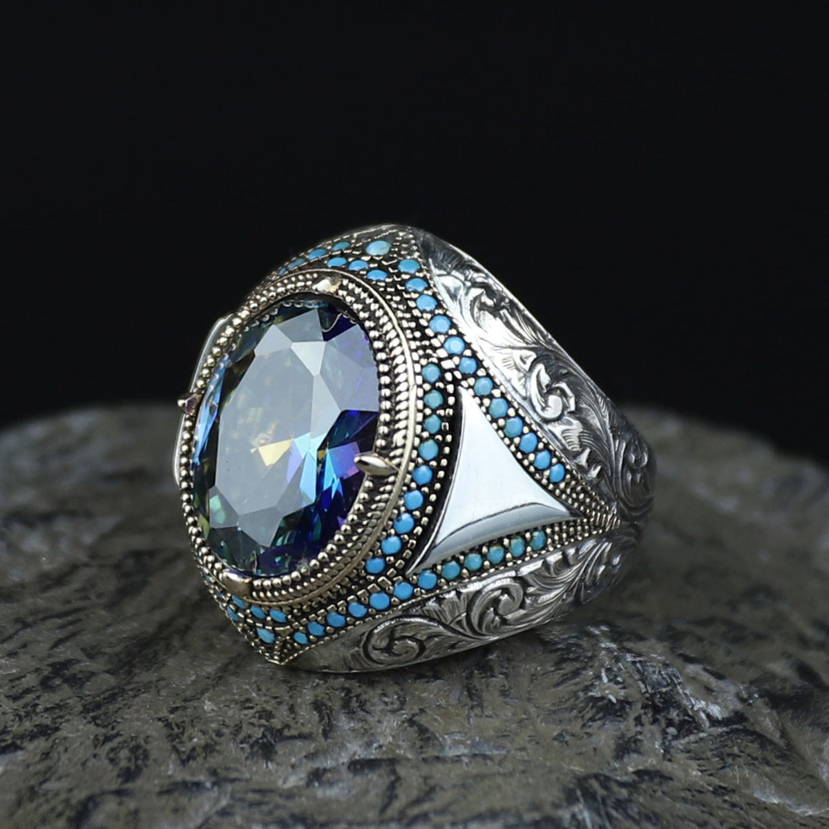 925 Silver Mystic Topaz Ring, Men Handmade Ring, Turkish Handmade Silver Men Ring, Colorized Stone Ring