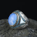 Men Natural Moonstone Ring, Engraved Man Raw Moonstone Ring, Rainbow Moonstone Ring, 925k Sterling Silver