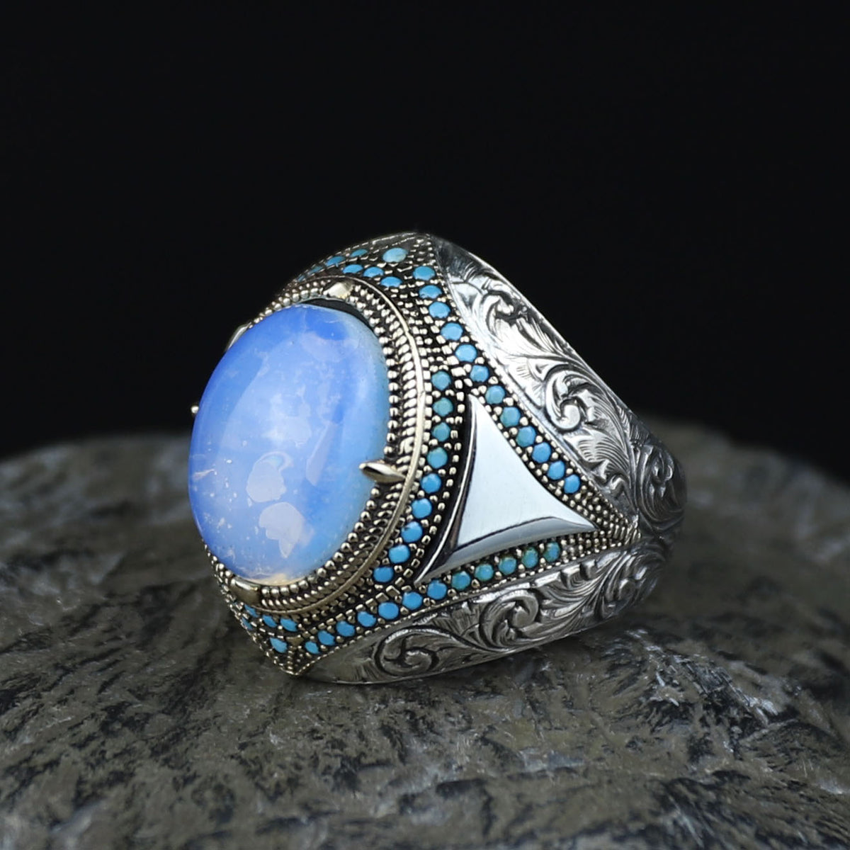 Men Natural Moonstone Ring, Engraved Man Raw Moonstone Ring, Rainbow Moonstone Ring, 925k Sterling Silver