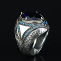 925 Sterling Silver Blue Sapphire Gemstone Men Ring, Turkish Handmade Engraved Men Sapphire Ring, 925K Sterling Silver