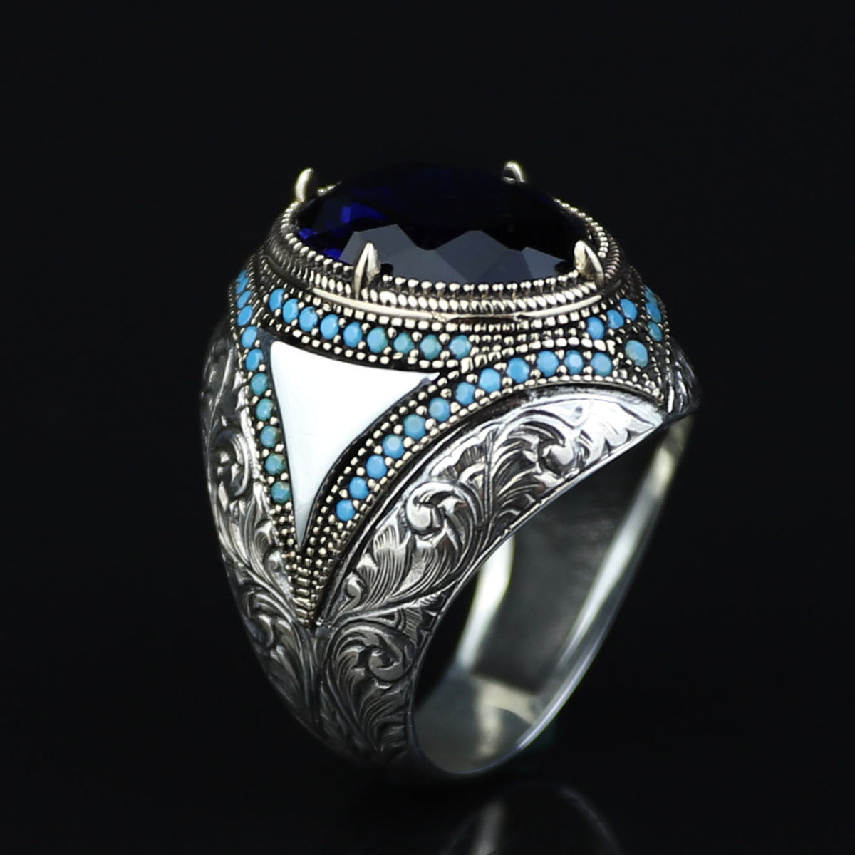 925 Sterling Silver Blue Sapphire Gemstone Men Ring, Turkish Handmade Engraved Men Sapphire Ring, 925K Sterling Silver