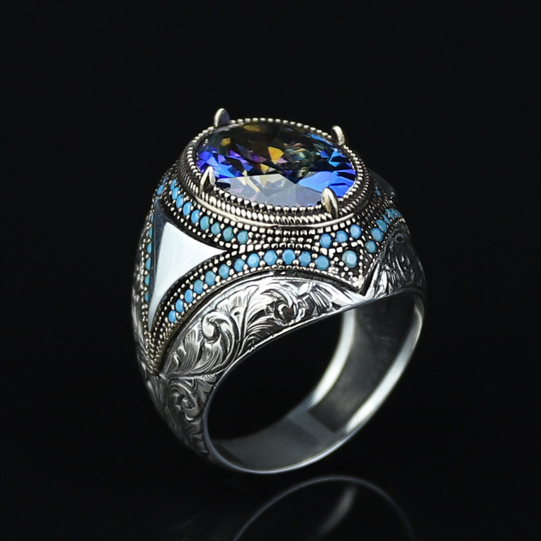 925 Silver Mystic Topaz Ring, Men Handmade Ring, Turkish Handmade Silver Men Ring, Colorized Stone Ring