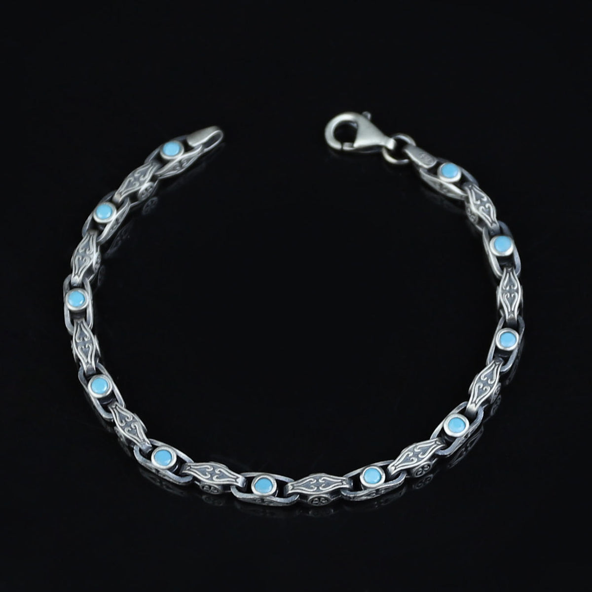 925 Silver Handmade Turquoise Link Engraved Bracelet
