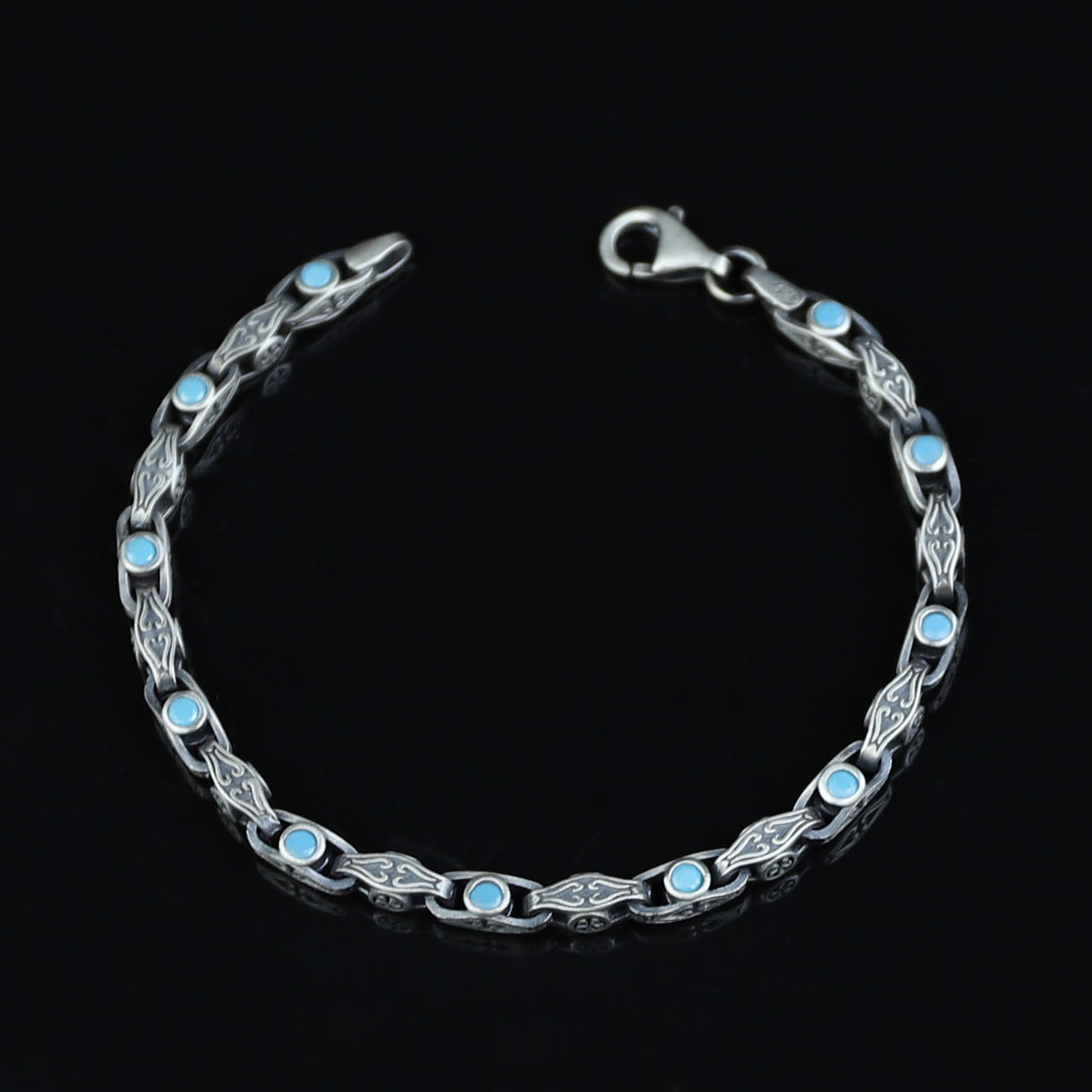 925 Silver Handmade Turquoise Link Engraved Bracelet