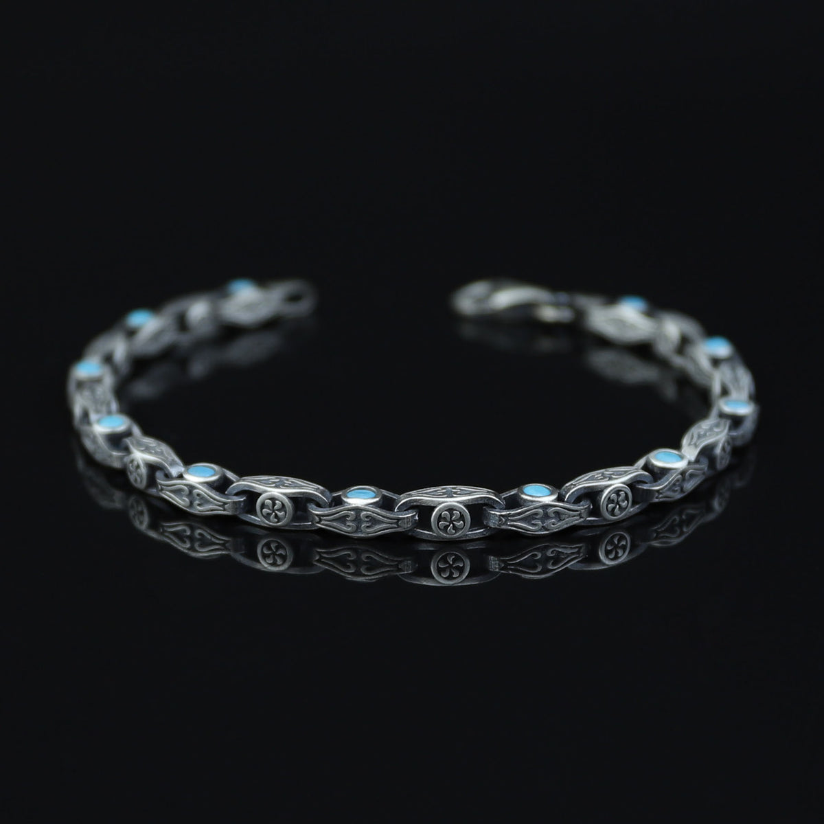 925 Silver Handmade Turquoise Link Engraved Bracelet