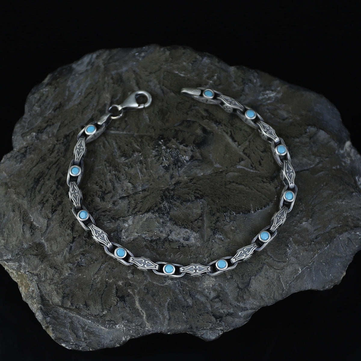 925 Silver Handmade Turquoise Link Engraved Bracelet