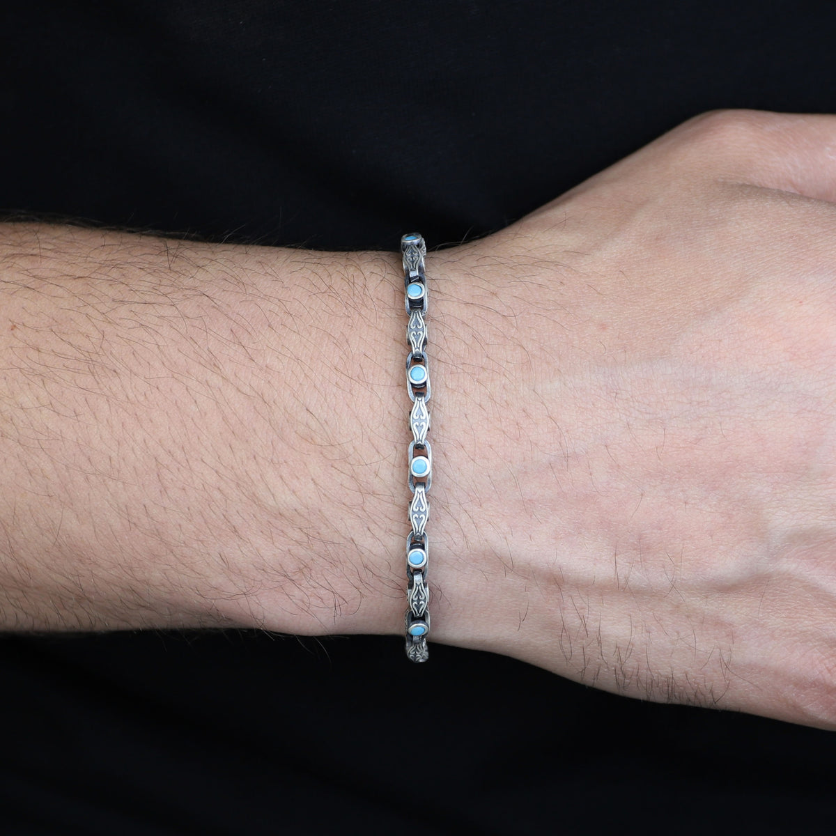 925 Silver Handmade Turquoise Link Engraved Bracelet