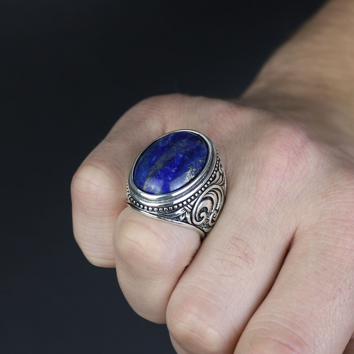 Men Handmade Large Natural Lapis Lazuli Gemstone Ring