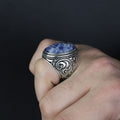 925 Silver Men Handmade Natural Engraved Lapis Lazuli Gemstone Ring