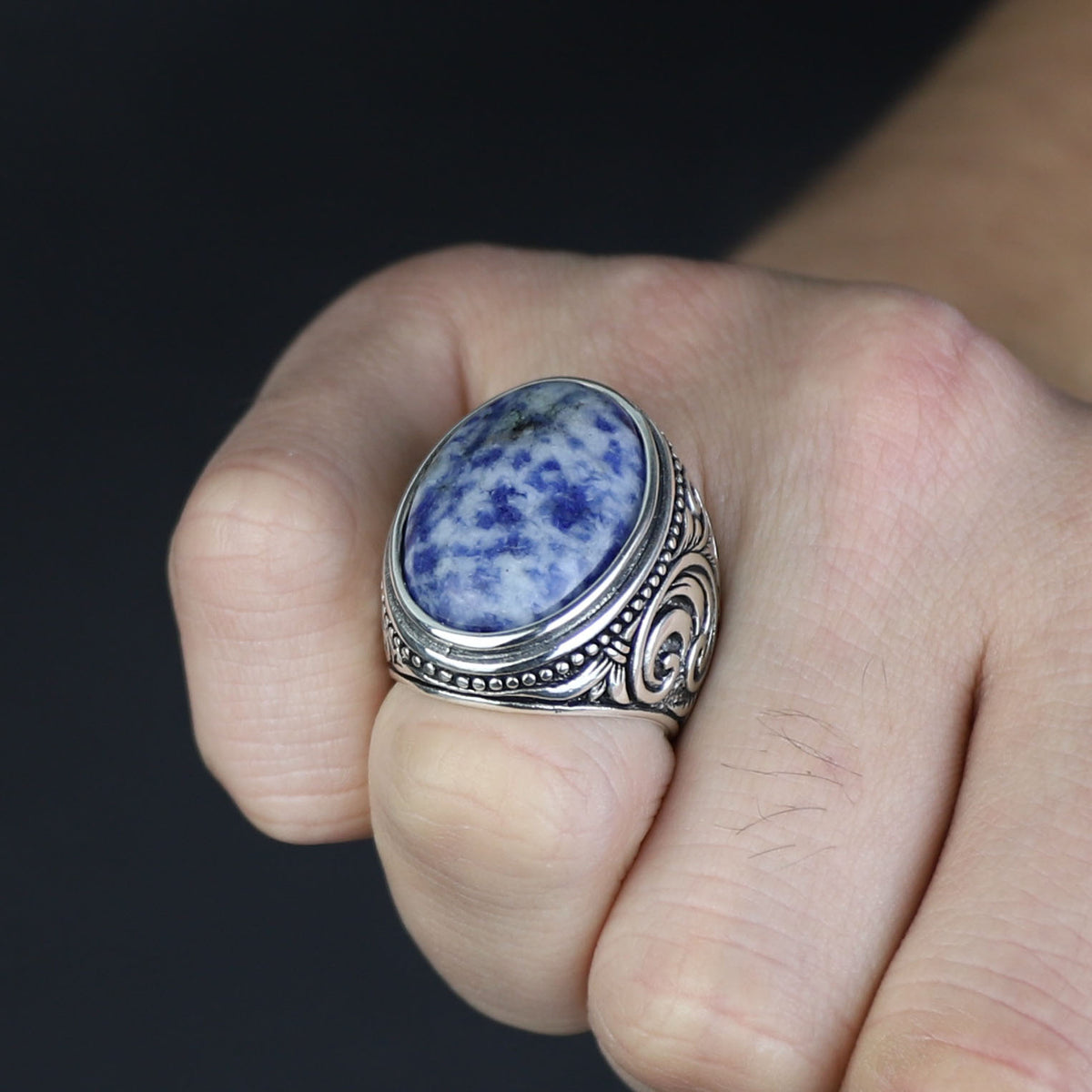 925 Silver Men Handmade Natural Engraved Lapis Lazuli Gemstone Ring