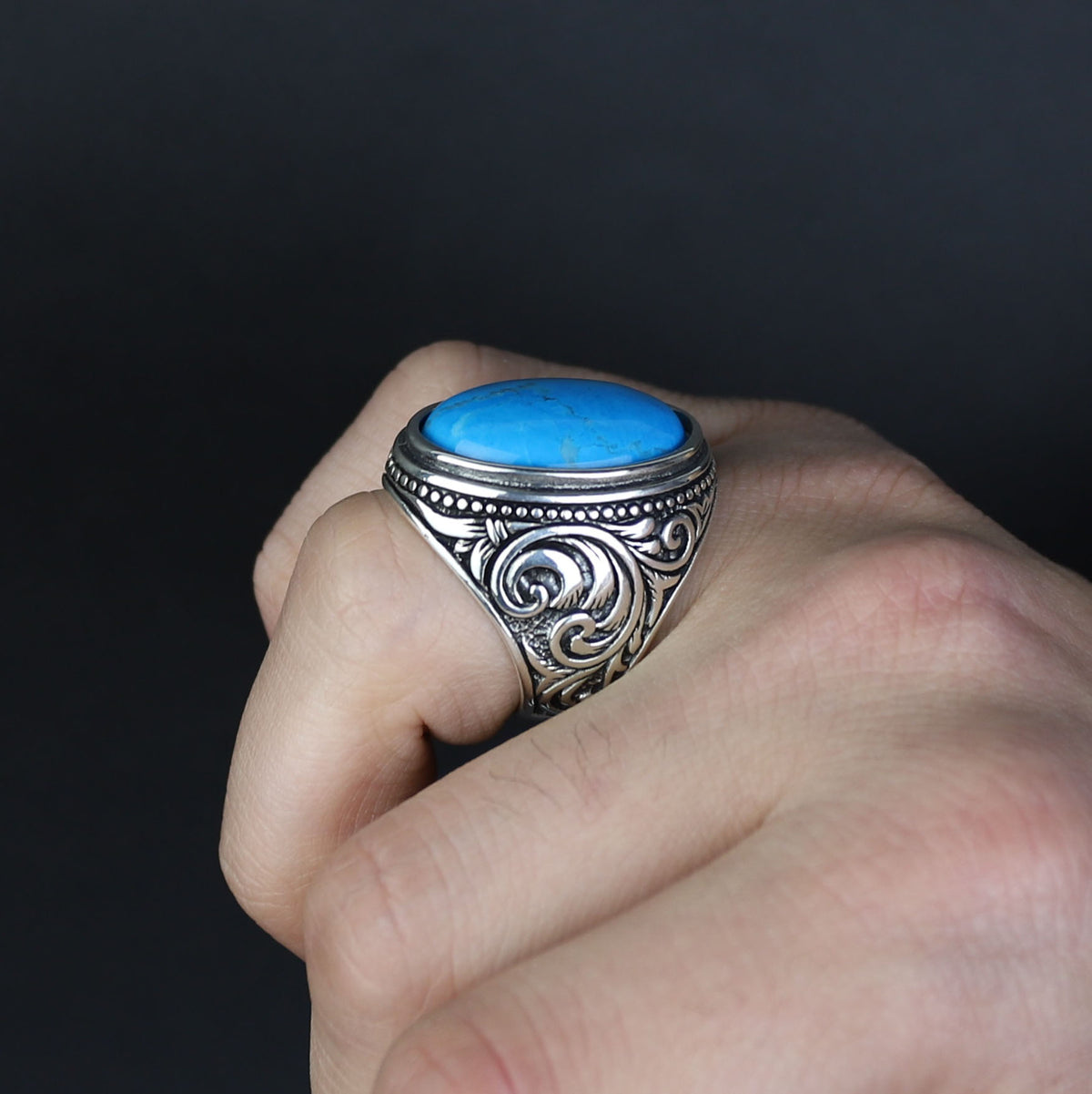 Men Handmade Large Natural Turquoise Gemstone 925 Sterling Silver Ring