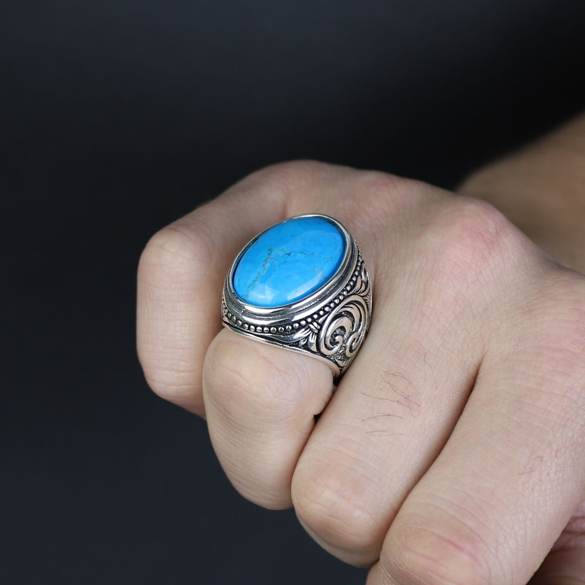 Men Handmade Large Natural Turquoise Gemstone 925 Sterling Silver Ring