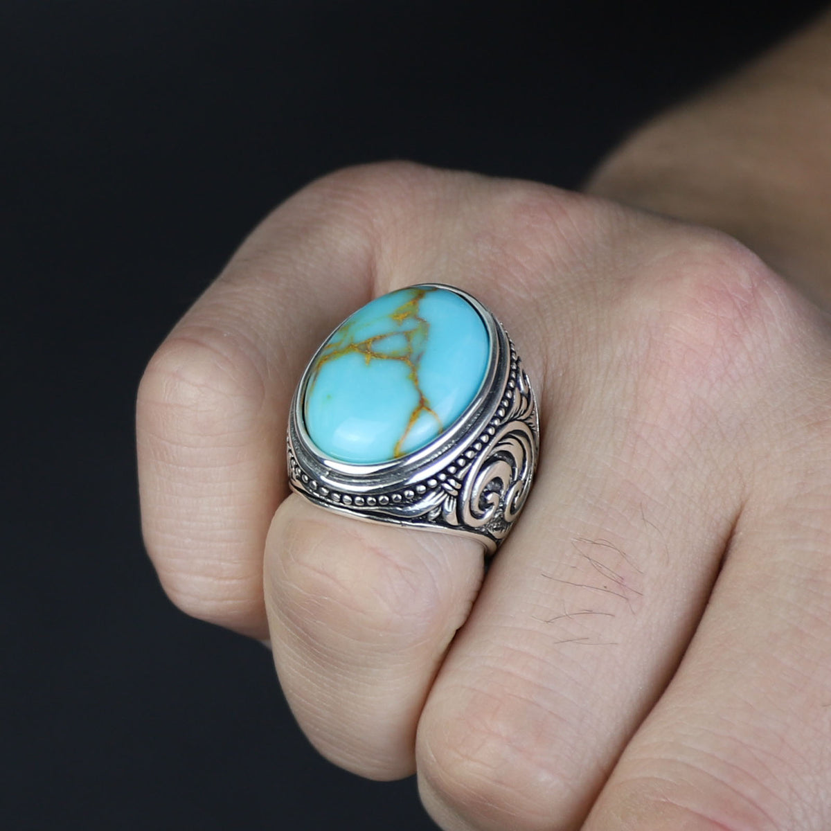 Men Solid Silver Handmade Natural Oval Turquoise Gemstone Ring
