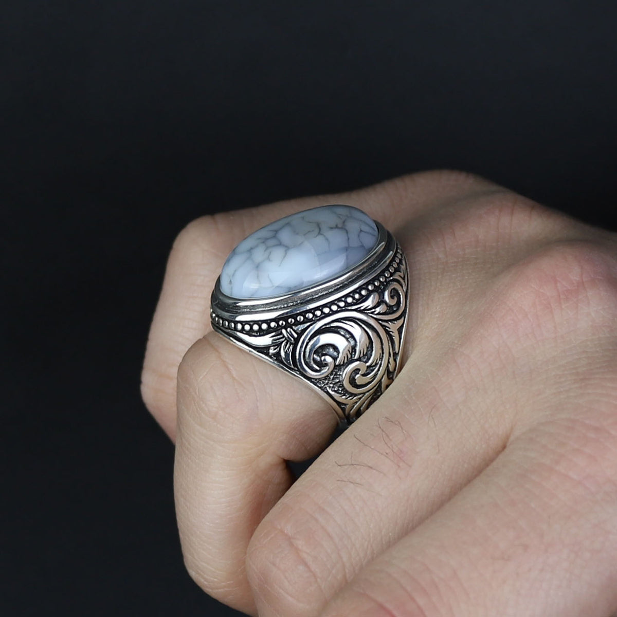 Men Handmade Solid Silver White Buffalo Turquoise Gemstone Ring