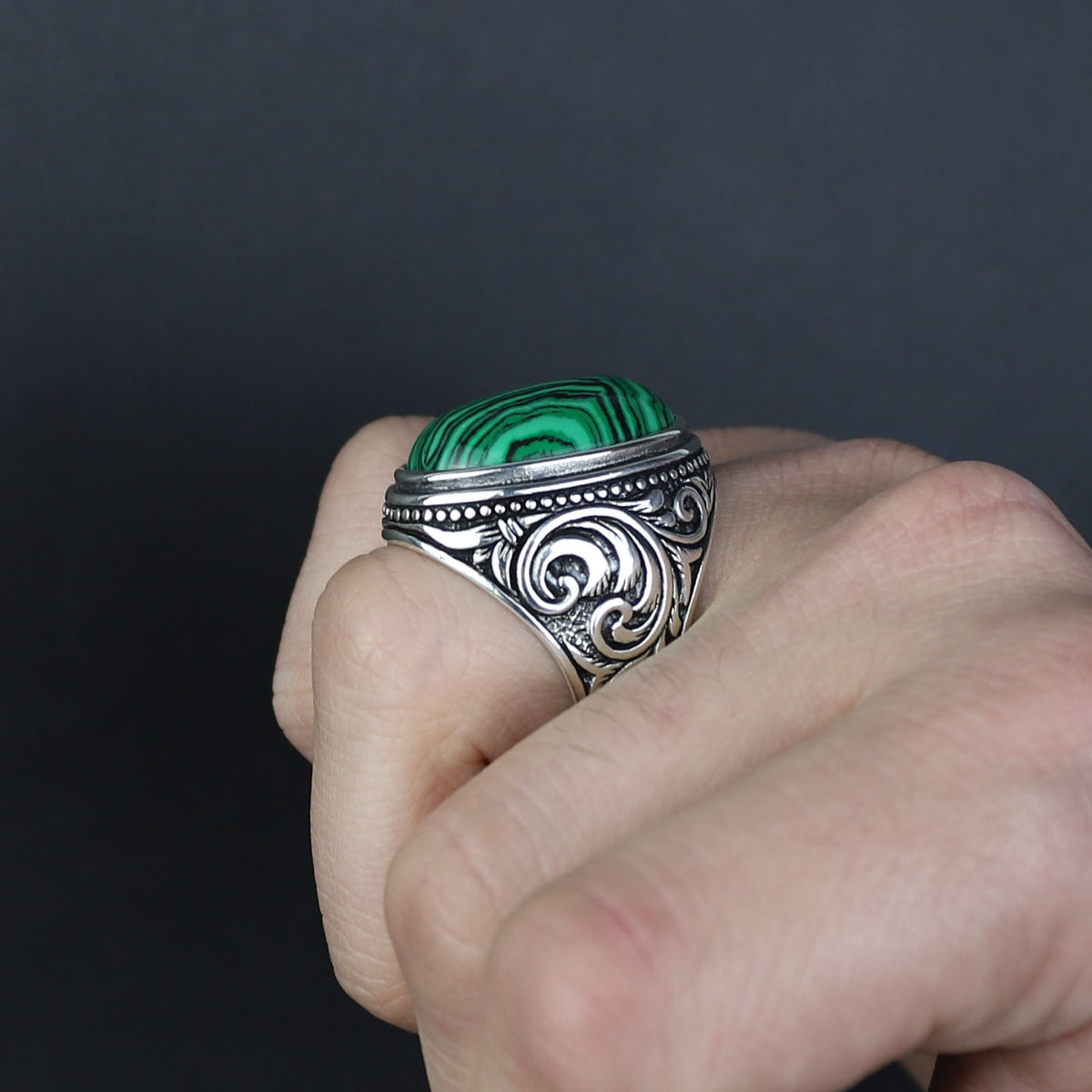 925 Solid Silver Men Handmade Green Natural Malachite Gemstone Ring