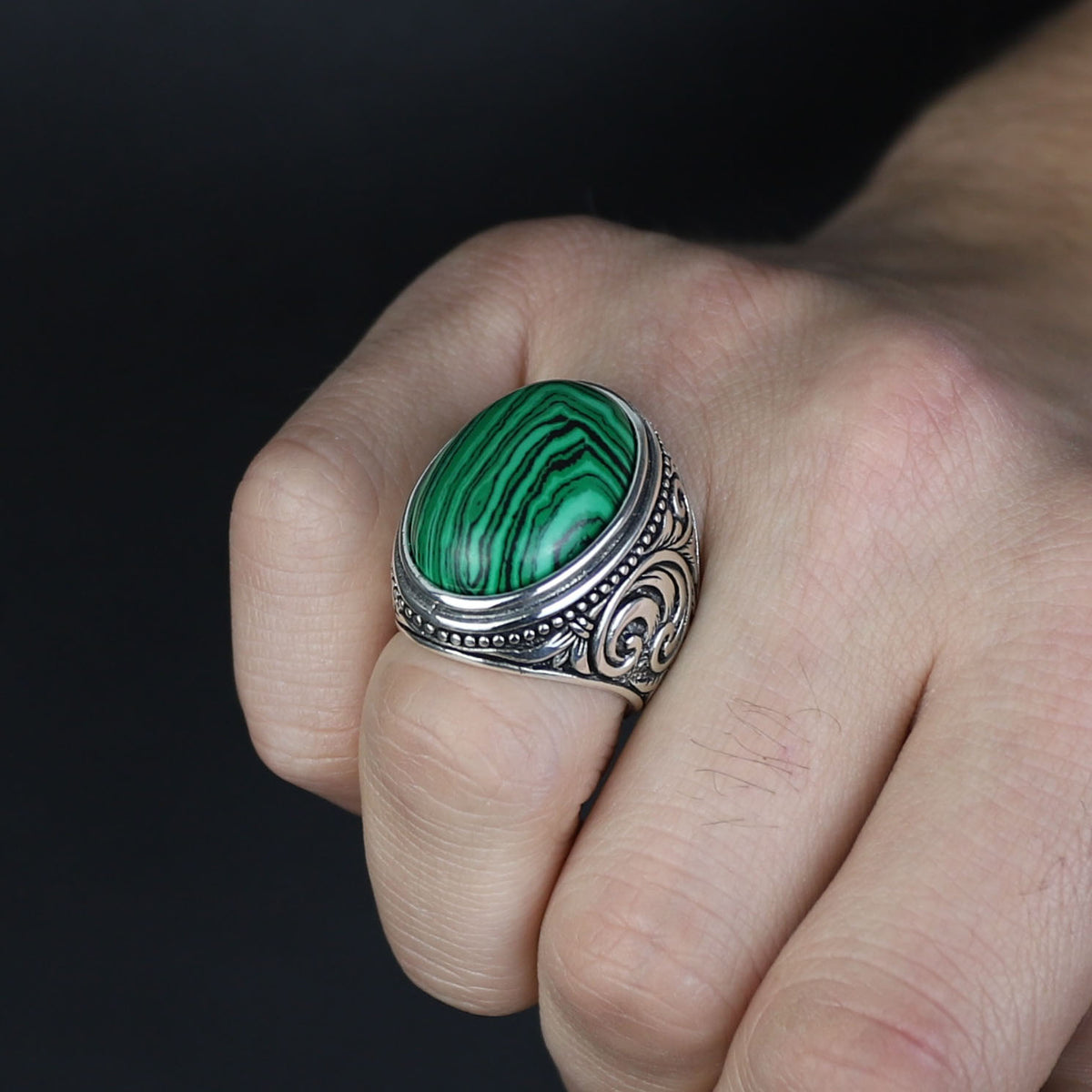 925 Solid Silver Men Handmade Green Natural Malachite Gemstone Ring
