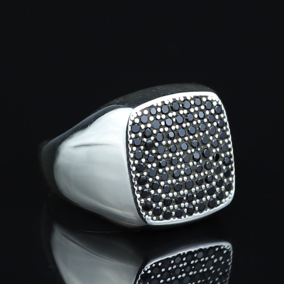 925 Sterling Silver Black CZ Square Signet Ring for Men
