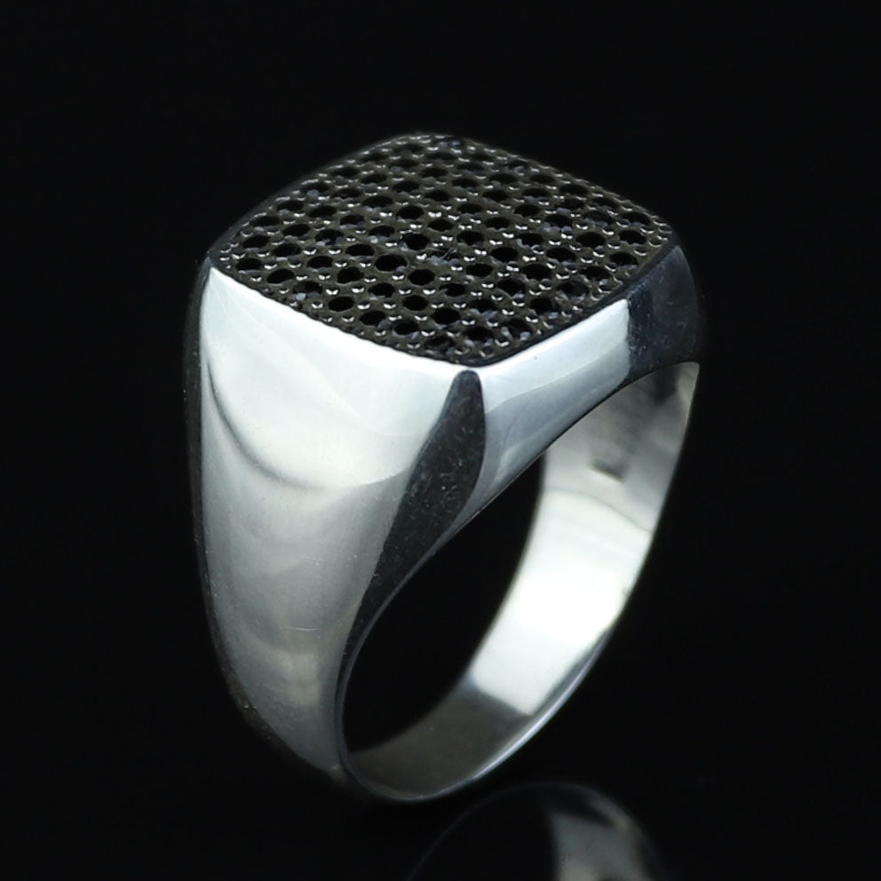 925 Sterling Silver Black CZ Square Signet Ring for Men