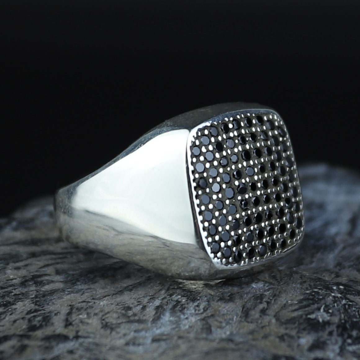 925 Sterling Silver Black CZ Square Signet Ring for Men