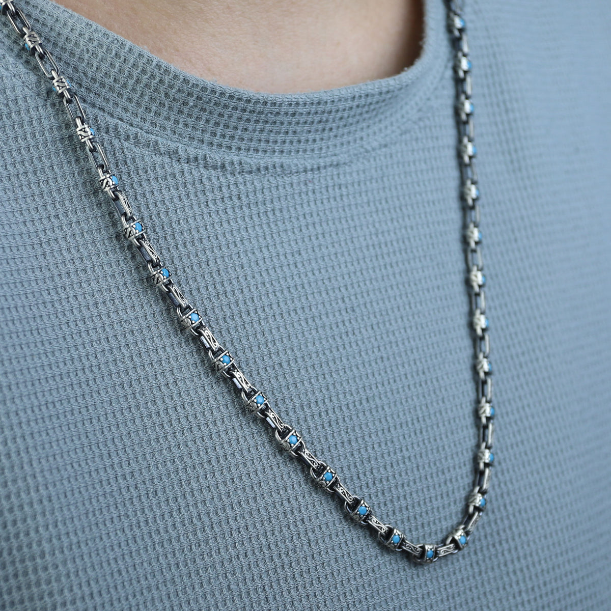 925 Silver Turquoise Stone Link Chain Necklace