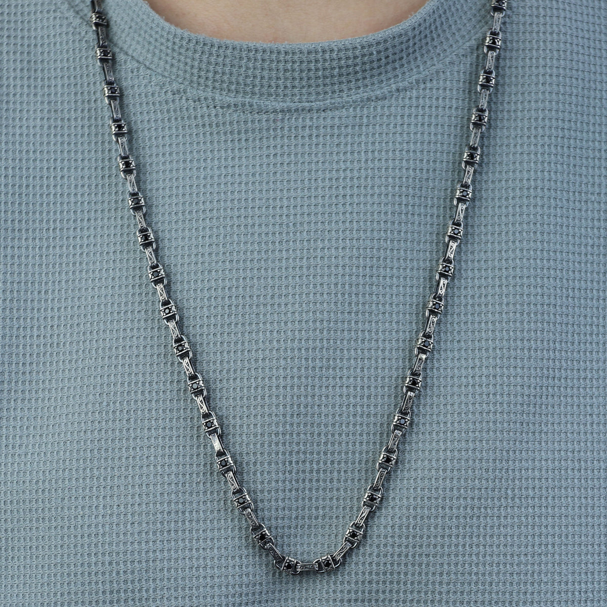 925 Sterling Silver Black Stone Engraved Vintage Chain Necklace