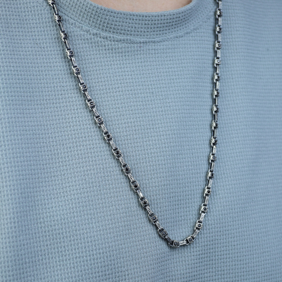925 Sterling Silver Black Stone Engraved Vintage Chain Necklace