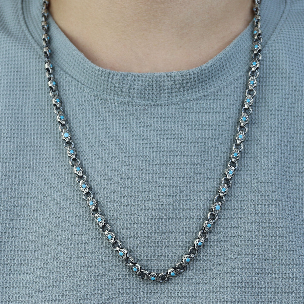 Men 925 Silver Turquoise Chain Link Handmade Men Turquoise Chain