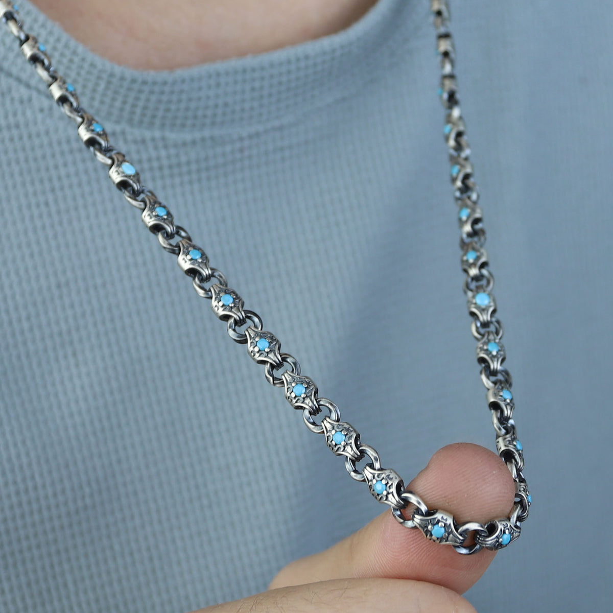 Men 925 Silver Turquoise Chain Link Handmade Men Turquoise Chain