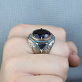 925 Sterling Silver Blue Sapphire Gemstone Men Ring, Turkish Handmade Engraved Men Sapphire Ring, 925K Sterling Silver