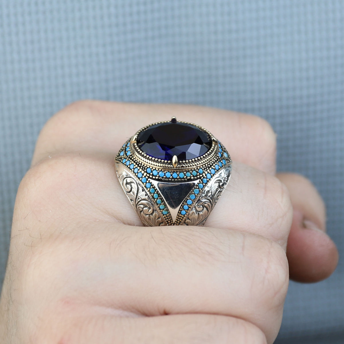 925 Sterling Silver Blue Sapphire Gemstone Men Ring, Turkish Handmade Engraved Men Sapphire Ring, 925K Sterling Silver