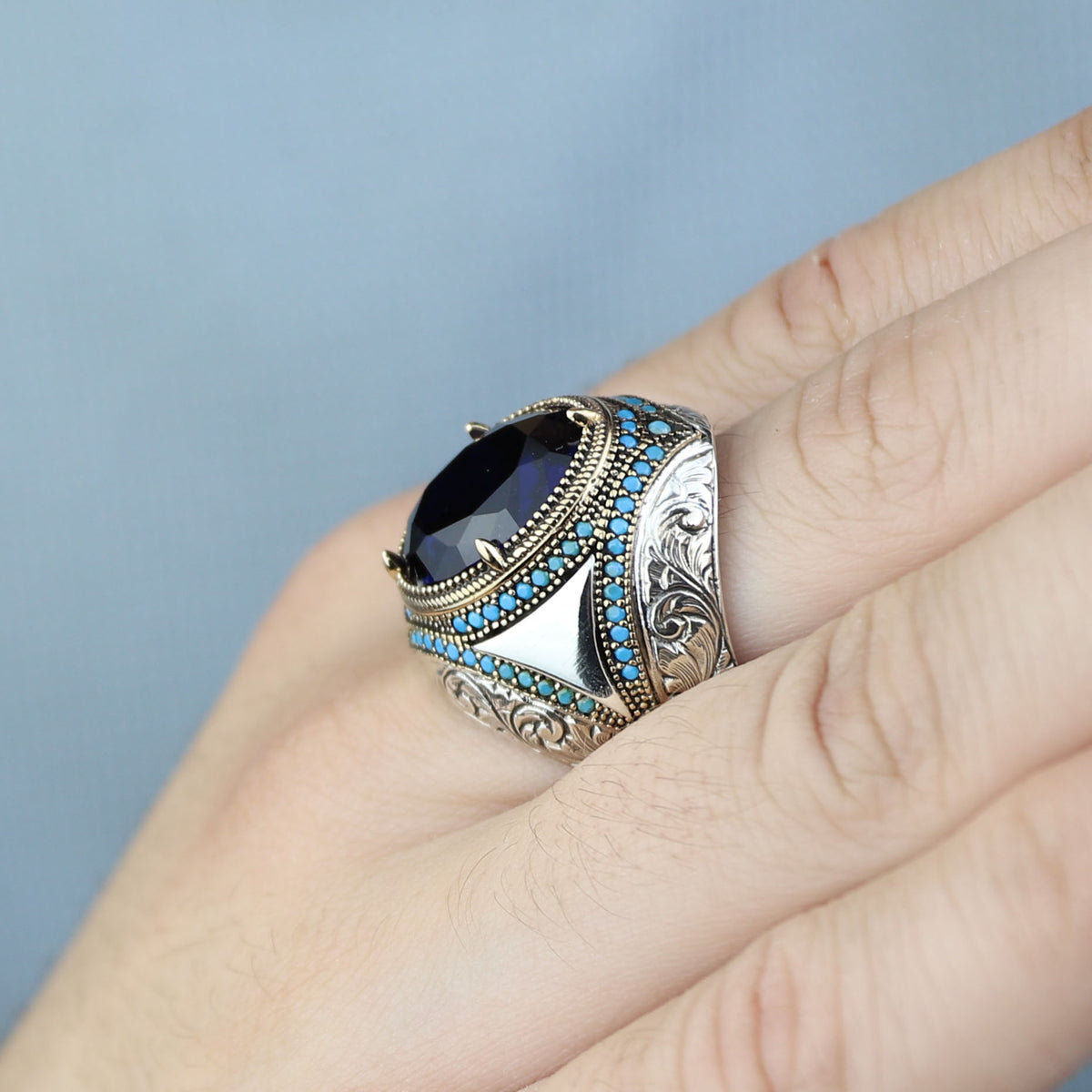 925 Sterling Silver Blue Sapphire Gemstone Men Ring, Turkish Handmade Engraved Men Sapphire Ring, 925K Sterling Silver