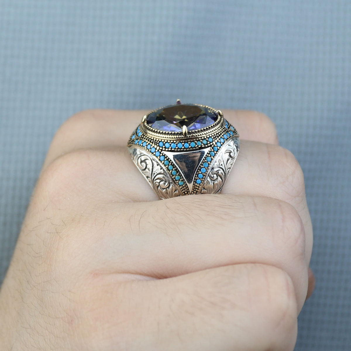 925 Silver Mystic Topaz Ring, Men Handmade Ring, Turkish Handmade Silver Men Ring, Colorized Stone Ring