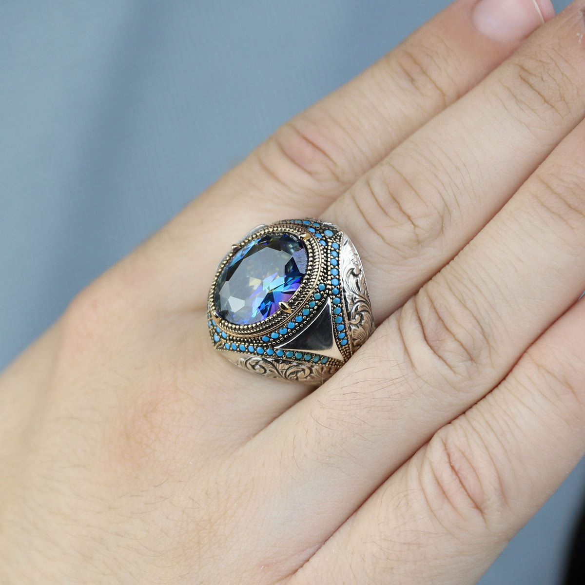 925 Silver Mystic Topaz Ring, Men Handmade Ring, Turkish Handmade Silver Men Ring, Colorized Stone Ring