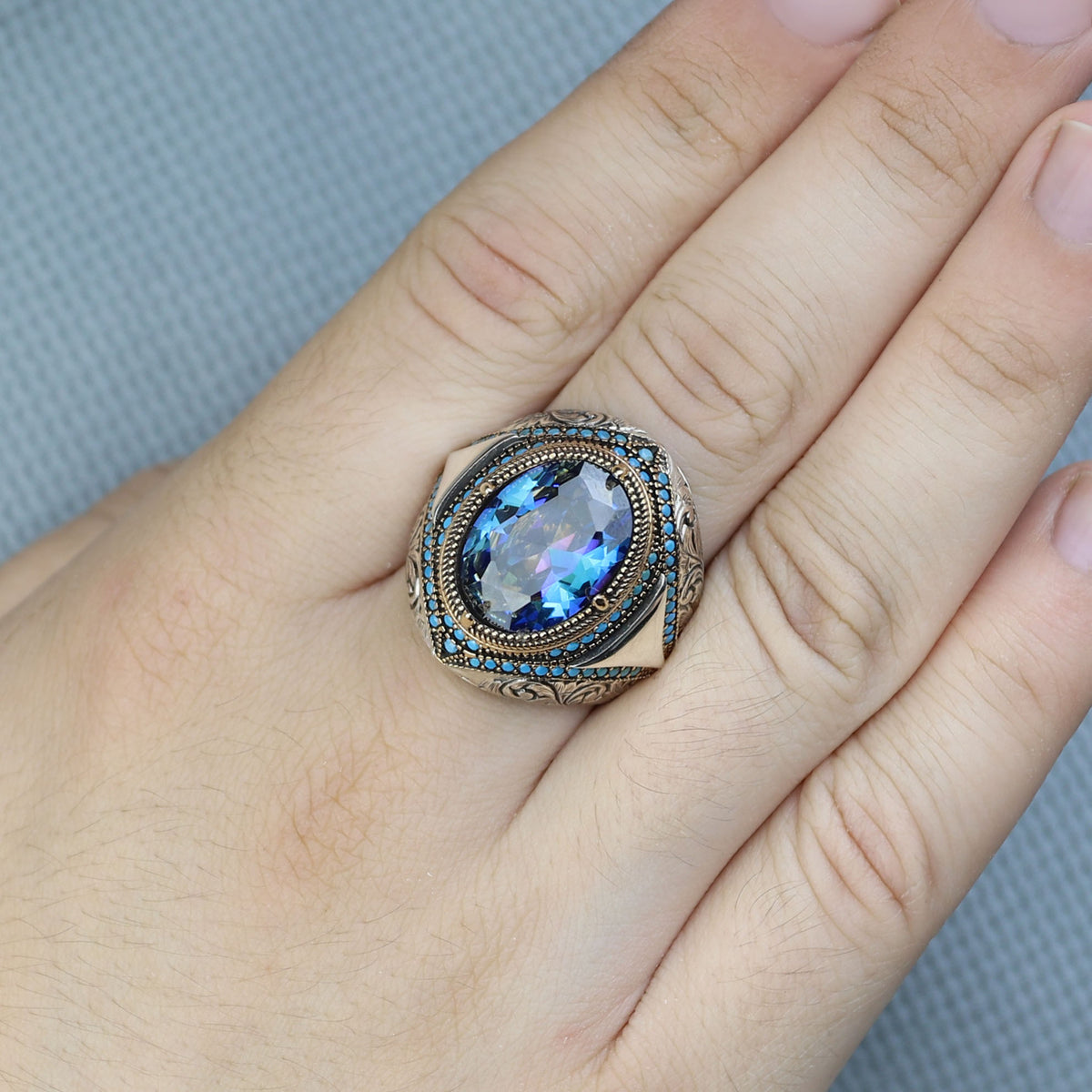925 Silver Mystic Topaz Ring, Men Handmade Ring, Turkish Handmade Silver Men Ring, Colorized Stone Ring