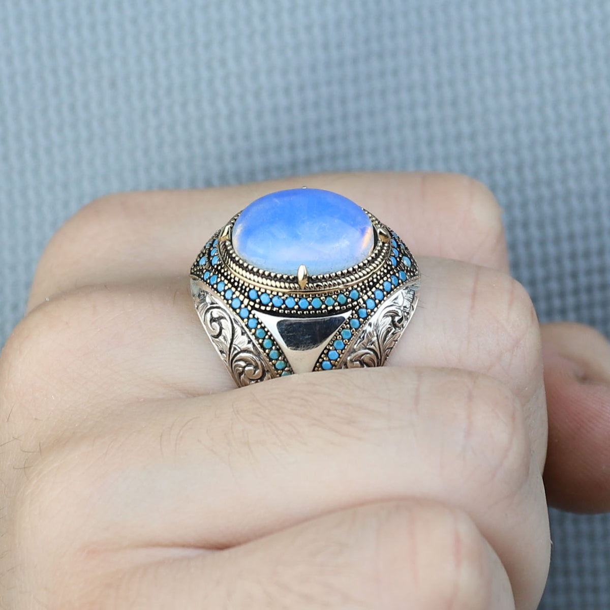 Men Natural Moonstone Ring, Engraved Man Raw Moonstone Ring, Rainbow Moonstone Ring, 925k Sterling Silver
