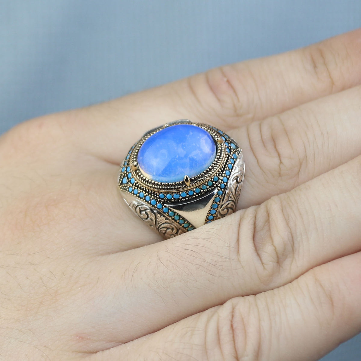 Men Natural Moonstone Ring, Engraved Man Raw Moonstone Ring, Rainbow Moonstone Ring, 925k Sterling Silver