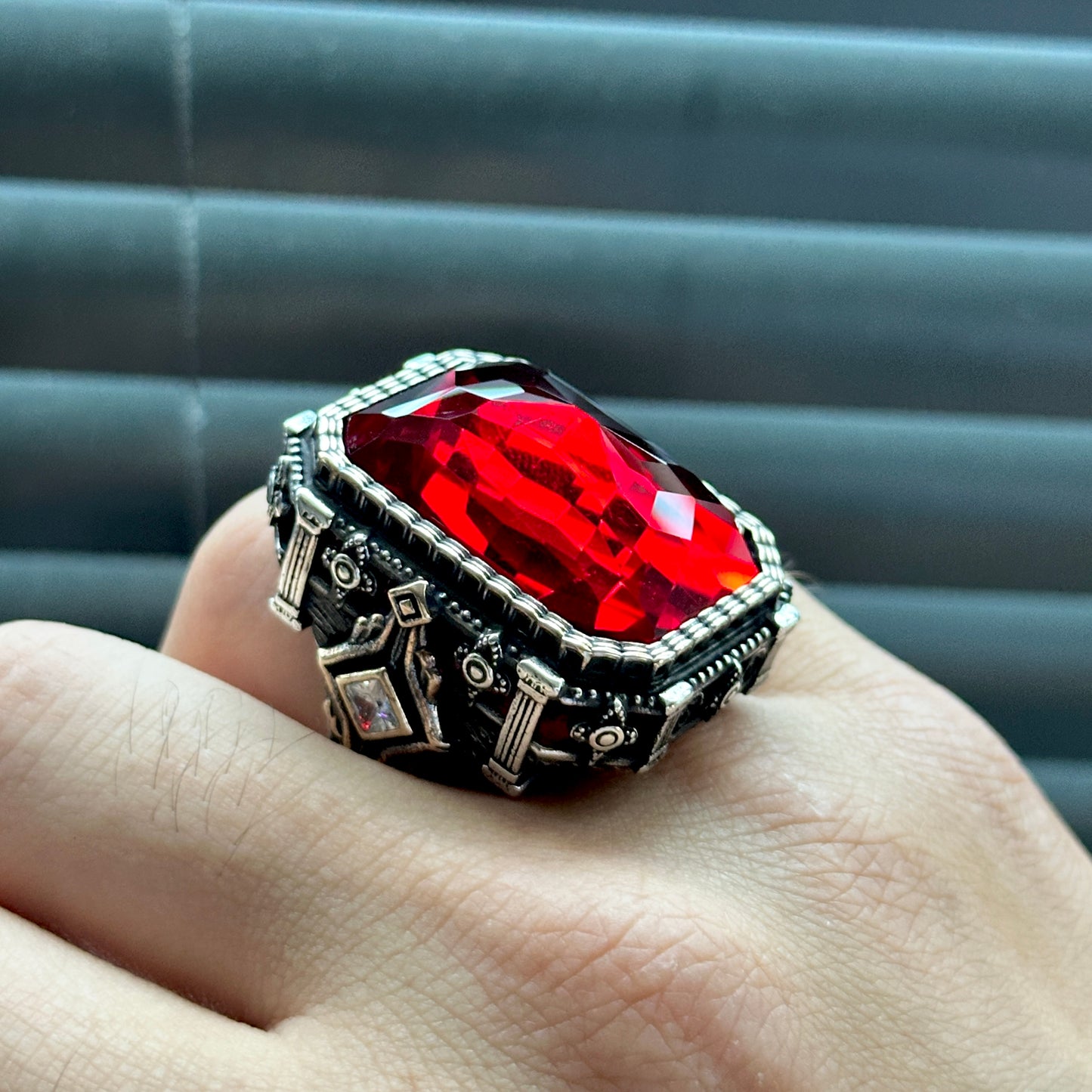 Men Silver Large Square Ruby Stone Ottoman Style Ring