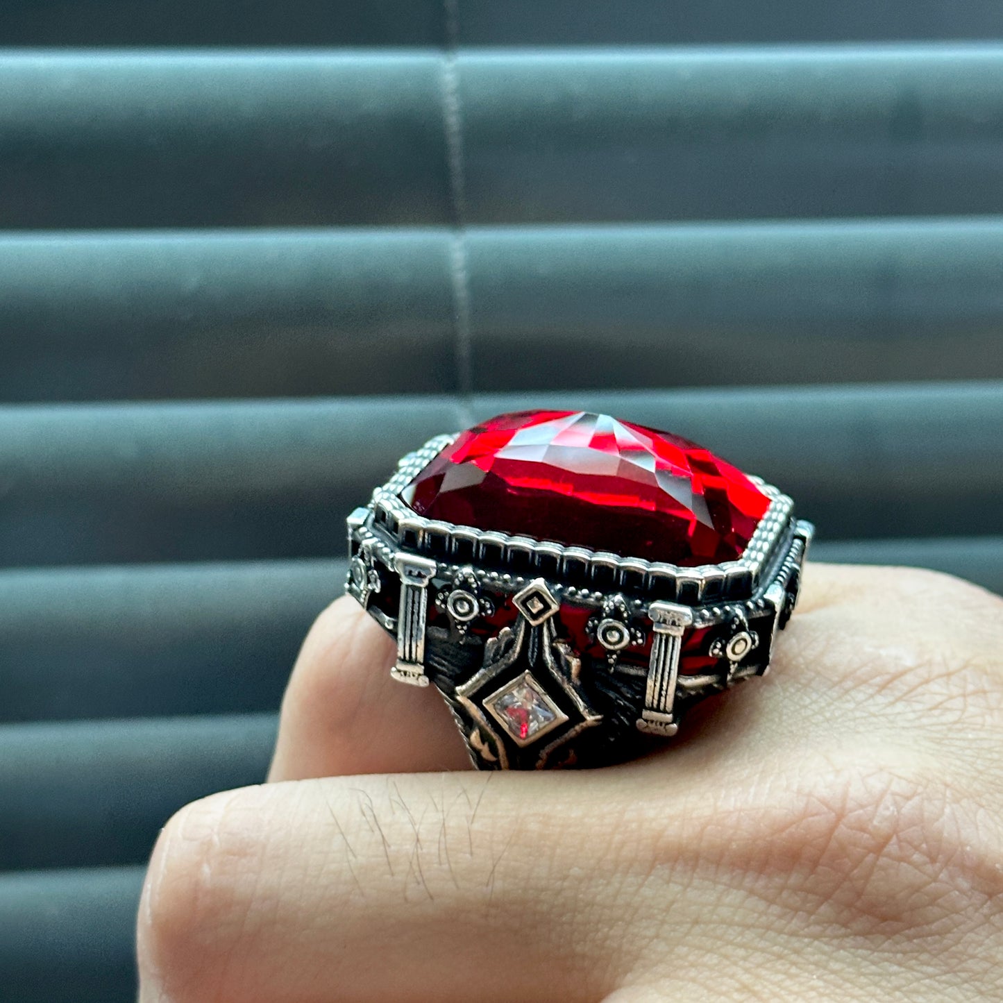 Men Silver Large Square Ruby Stone Ottoman Style Ring