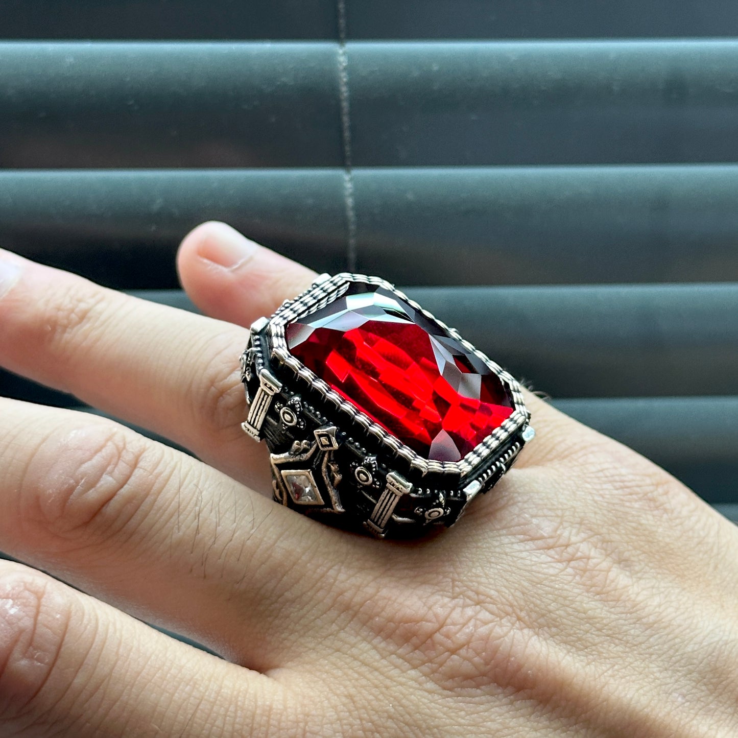 Men Silver Large Square Ruby Stone Ottoman Style Ring