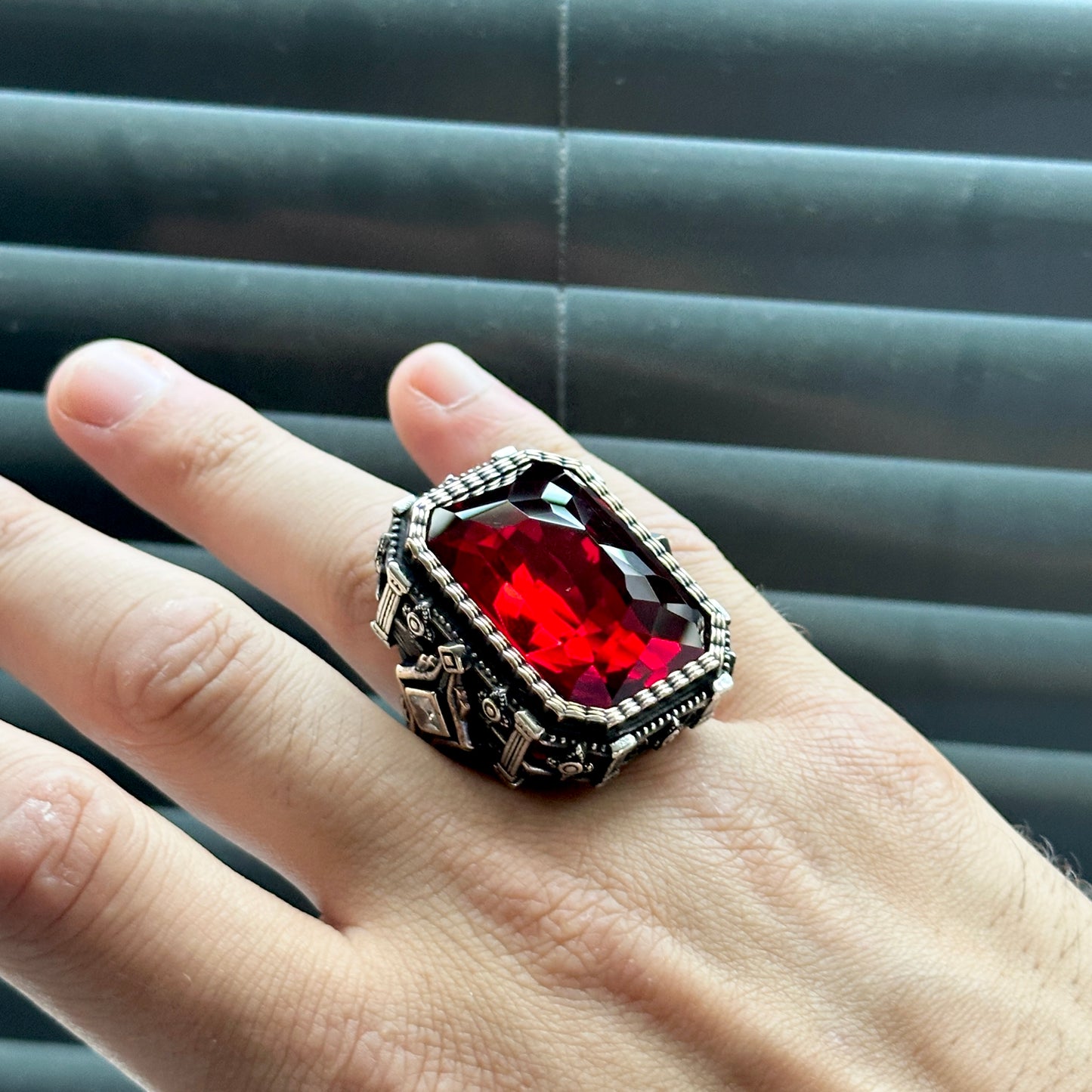 Men Silver Large Square Ruby Stone Ottoman Style Ring