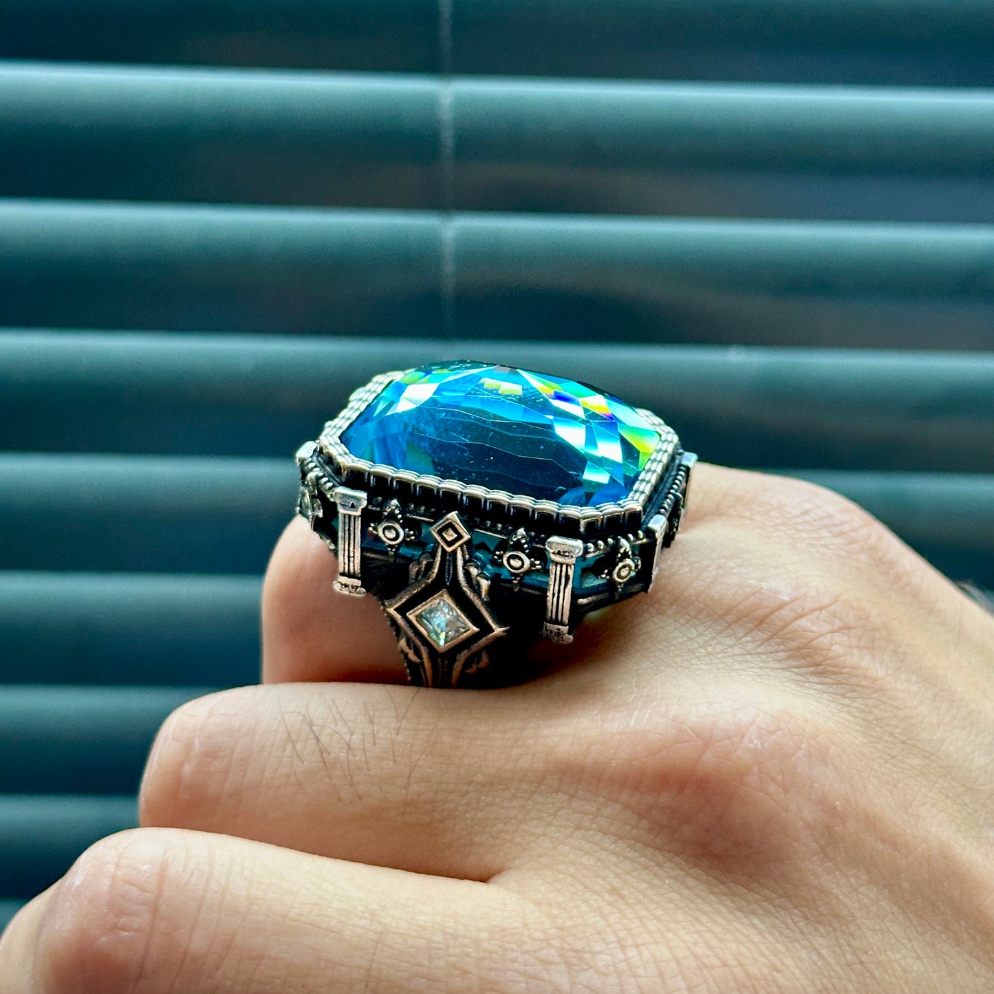 Men Silver Large Aquamarine Gemstone Ottoman Style Ring