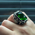 Silver Large Square Emerald Gemstone Ottoman Ring
